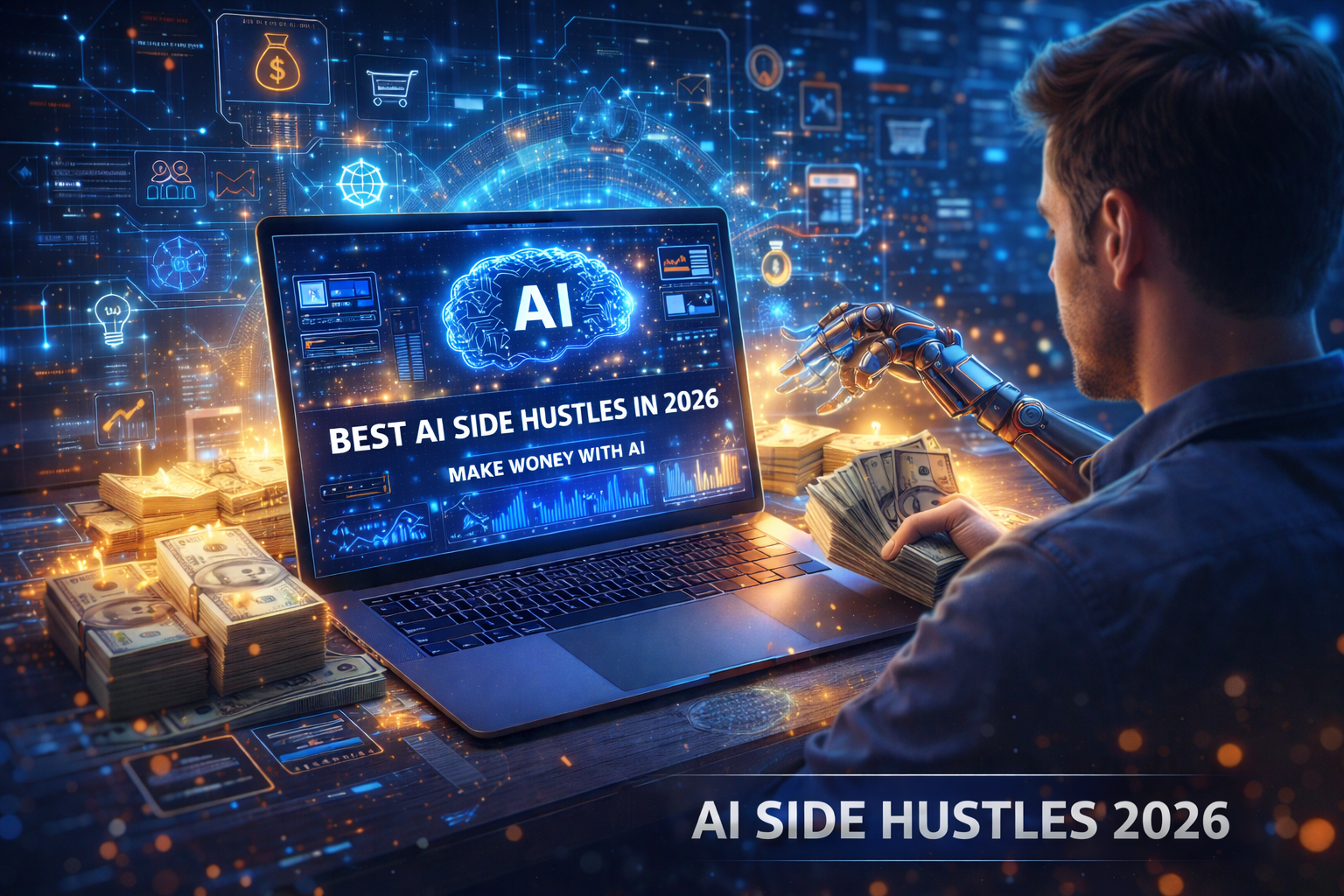 AI side hustles 2026 make money online with artificial intelligence passive income concept