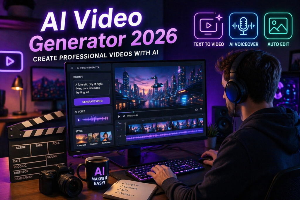 AI Video Generator 2026 create videos with artificial intelligence video editing automation concept