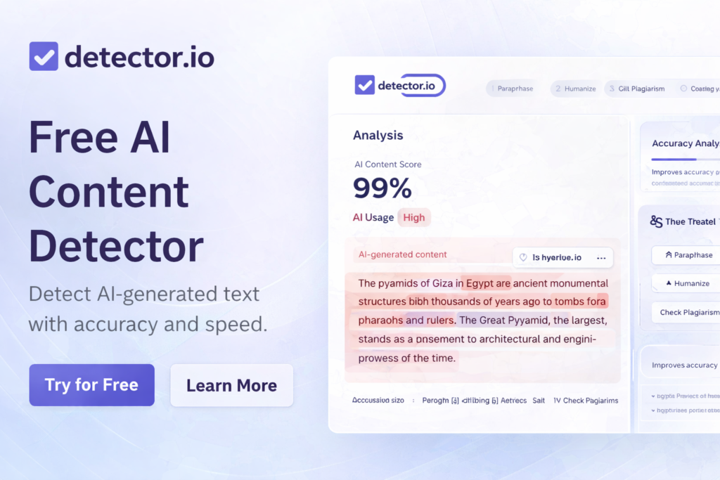 Detector.io AI content detector dashboard showing highlighted AI-generated text and accuracy analysis results