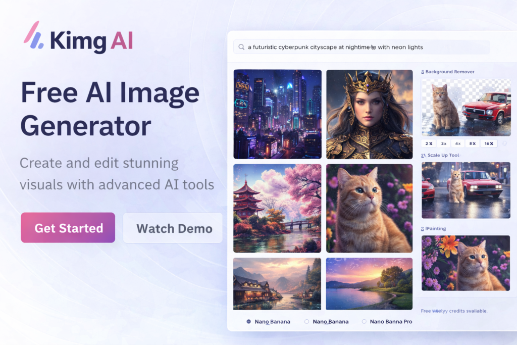 Kimg AI Image Maker interface showing AI-generated images, text-to-image creation, and advanced image editing tools