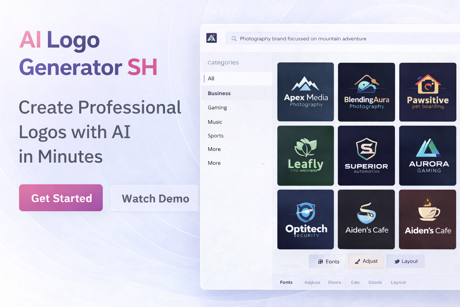 AI Logo Generator SH interface showing AI-generated logo designs and customizable branding templates