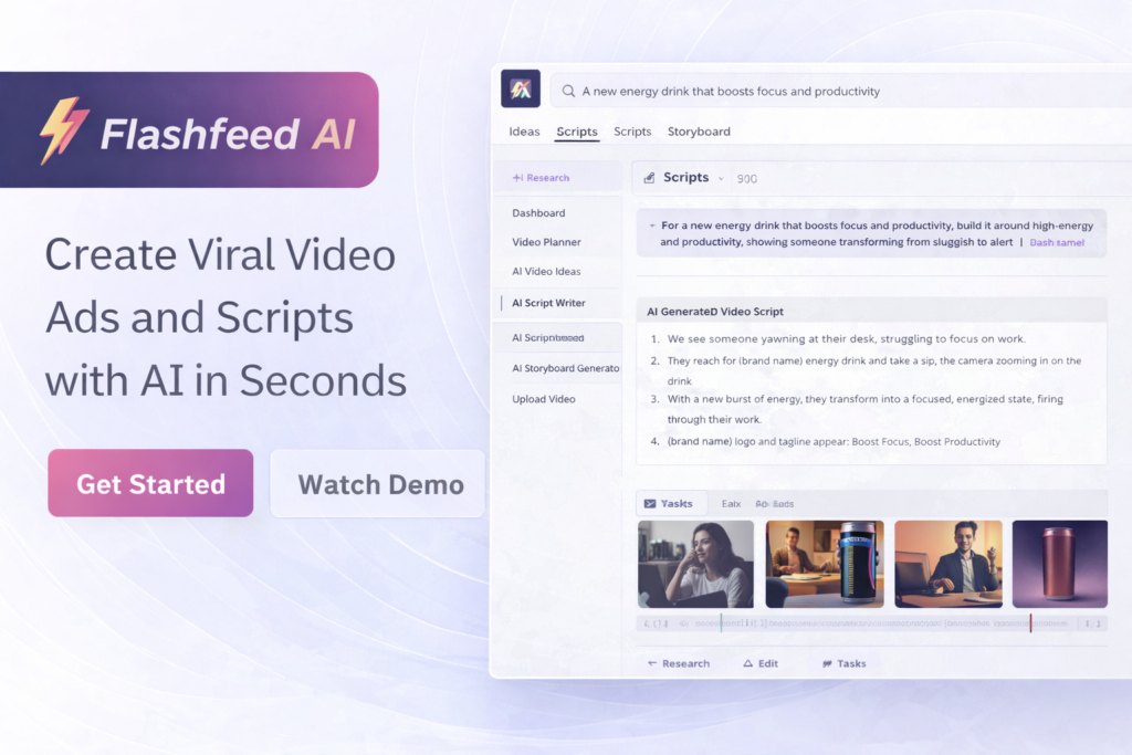 Flashfeed AI dashboard showing AI-generated video ad scripts, storyboards, and content creation tools