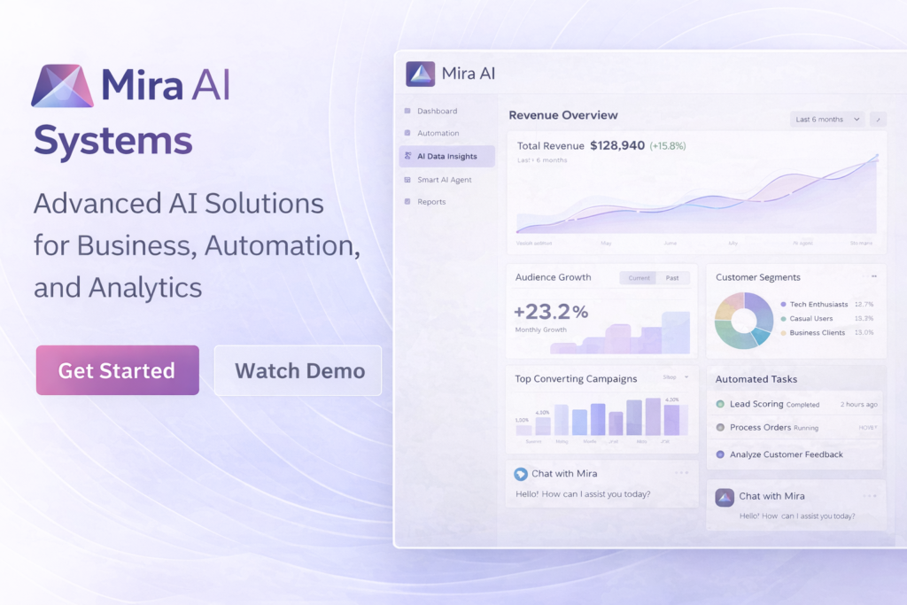 Mira AI Systems dashboard showing AI automation, data analysis, and intelligent workflow management tools