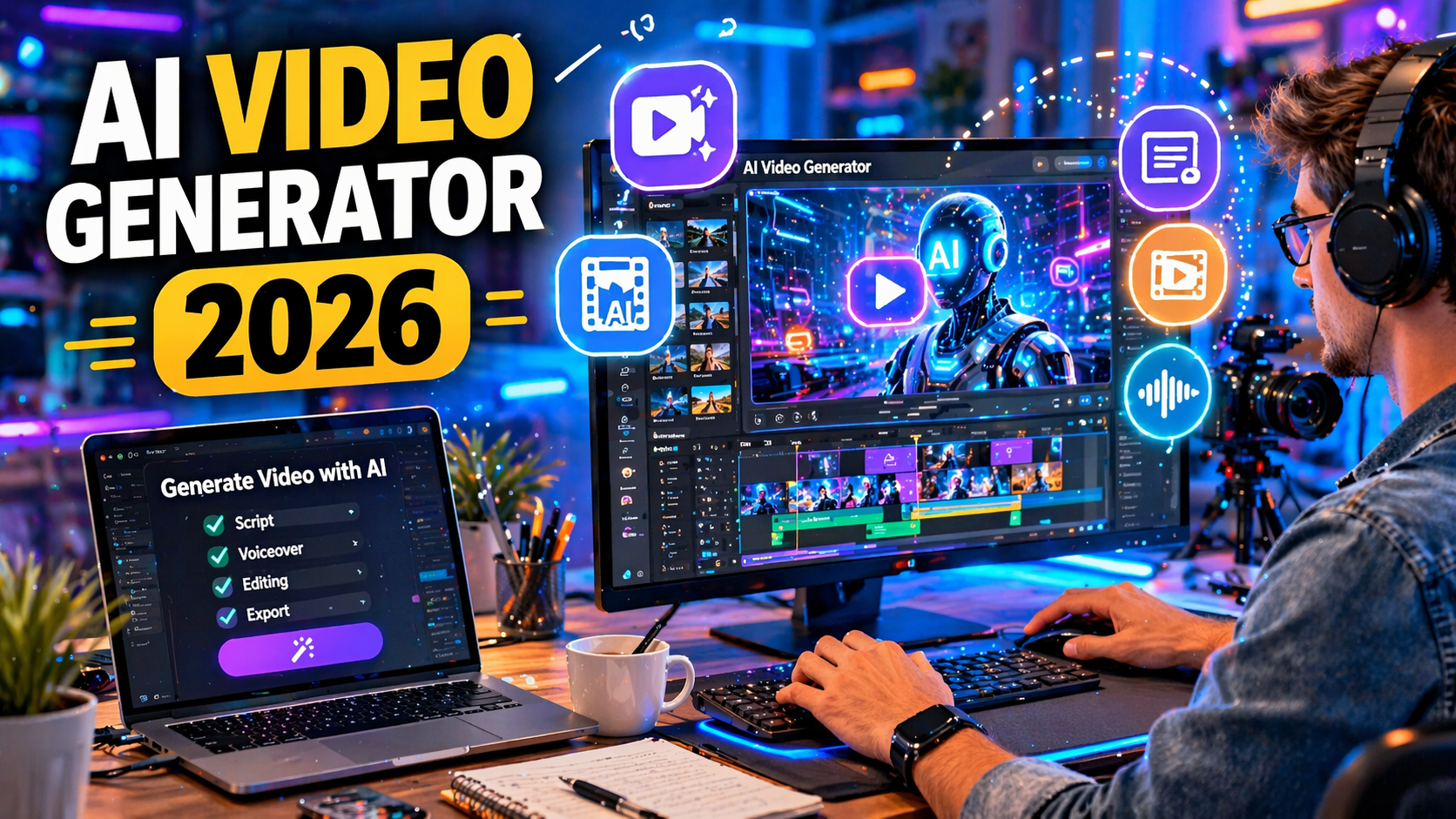 AI Video Generator 2026 create videos with artificial intelligence video editing automation concept